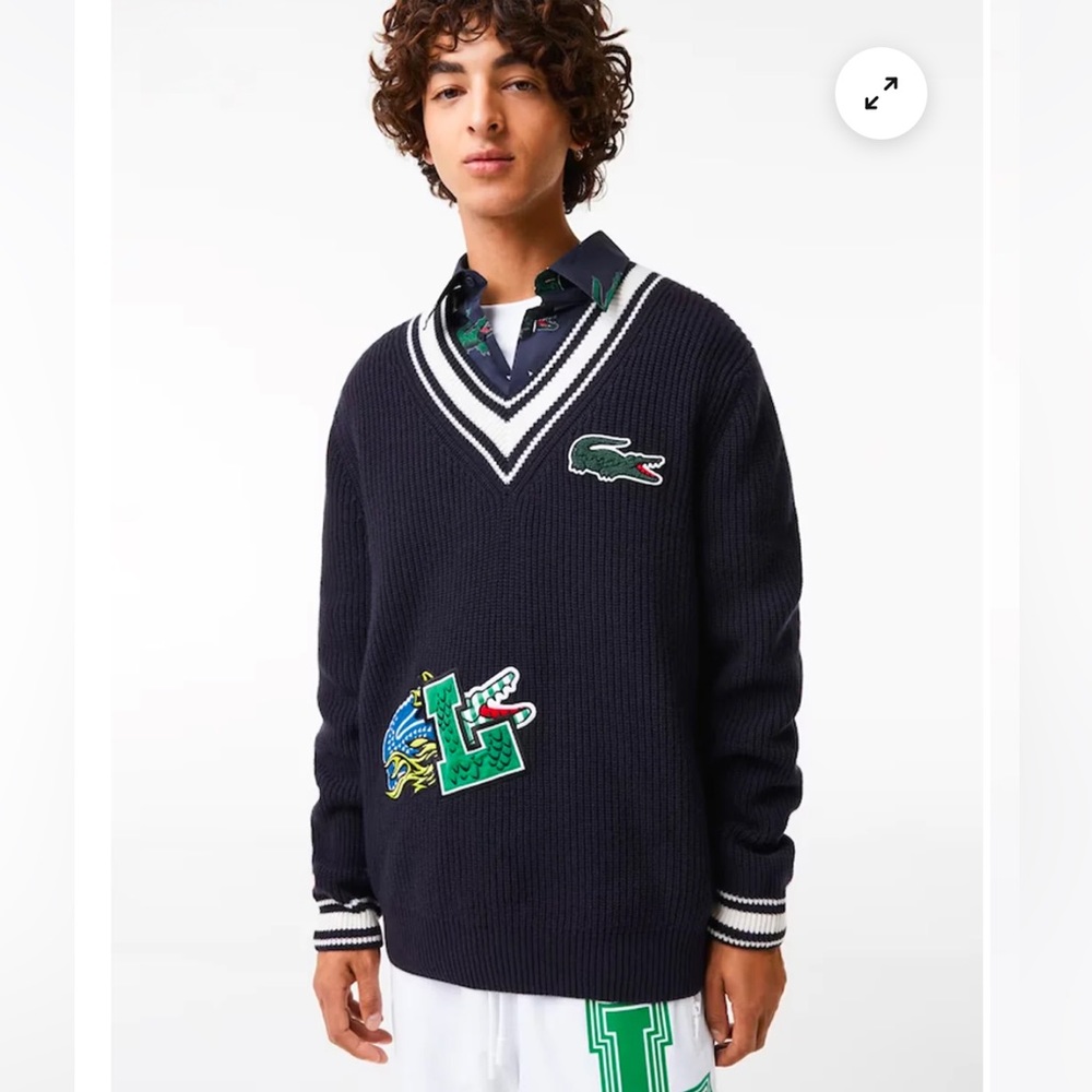 Lacoste NWT 100% Wool Holiday Comic Badge Striped V-Neck Sweater 5 Large - Picture 1 of 13